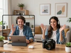 Engaging video chat between two characters showcasing their virtual ai gf relationship in a cozy home environment.