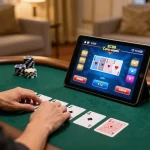 Player enjoying live poker on SC88 Com in a cozy home setting, showcasing online gaming excitement