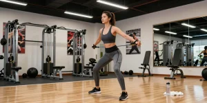 Anabolika Shop Deutschland, der Fitnessgeräte und athletische Entschlossenheit in einem lebhaften Fitnessstudio präsentiert.