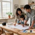 Family collaborating on a kitchen renovation, showcasing style and home improvement.