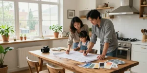 Family collaborating on a kitchen renovation, showcasing style and home improvement.