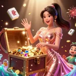 Activate pure excitement with cwin05 showcasing a joyful Asian woman surrounded by dazzling casino treasures.