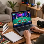 Playing live dealer blackjack on 789win, showcasing a dynamic home gaming setup with strategy notes and vibrant screen