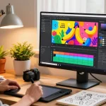Creator using nano banana AI image editor in a vibrant home office, showcasing creativity and innovation.