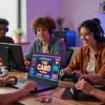 Freunde genießen Online-Spiele in einem Paysafe Card Casino mit lebhafter Atmosphäre und buntem Dekor.