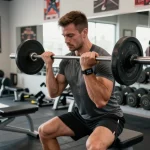 Steroidshop-Nutzer hebt Gewichte in einem modernen Fitnessstudio und zeigt Engagement für Bodybuilding.