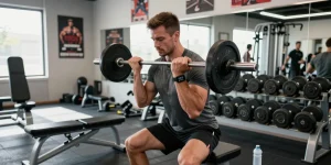 Steroidshop-Nutzer hebt Gewichte in einem modernen Fitnessstudio und zeigt Engagement für Bodybuilding.