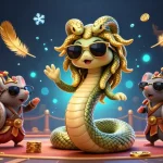 Paysafe Card Casino-Szene mit Medusa und einer kriegerischen Maus, umgeben von dynamischen Casino-Elementen.
