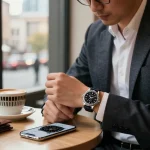 Admiring clone watches in a stylish urban café setting with luxury accessories.
