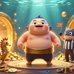 Watch the exciting underwater scene showcasing lịch thi đấu updates lively illustrated with vibrant characters and dynamic gold effects.