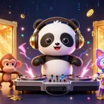 f168's vibrant 3D casino scene featuring a panda DJ amidst dazzling treasures and energetic characters