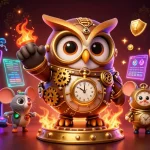 Engage in excitement with nk88's casino adventure, featuring an owl and colorful slot machines.