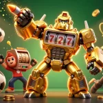 Experience thrilling action with lu88's golden gorilla mech, surrounded by dynamic sports elements, capturing casino excitement.