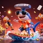 Surfing gold coins in a thrilling tr88 bet casino adventure with animated sea characters.
