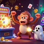 Join the excitement at 8kbet as a poltergeist monkey juggles golden coins in a vibrant casino scene.