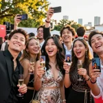 Celebrities look alike event scene with friends celebrating and taking selfies.