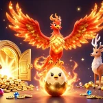 Experience the thrill of nk88 with a vivid depiction of a phoenix amidst gold treasures, symbolizing victory.