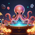 Experience the excitement at tg88 with a vibrant casino scene featuring an alien octopus and a robot under cosmic lights.