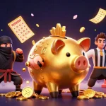 Engage with dynamic gaming action at pub88 featuring an enormous golden piggy bank wrestler and colorful lottery elements.