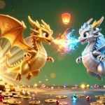 Experience exciting gaming at atasvip with intertwined dragons amidst sparkling treasures, showcasing vibrant casino elements.