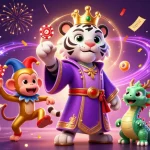 Experience the excitement of hm88 with a vibrant illustration featuring a white tiger and a golden monkey in a casino-themed scene.