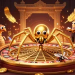Cổng game bài đổi thưởng Sunwin showcases a thrilling roulette scene with a golden spider and adventurous fly placing bets.