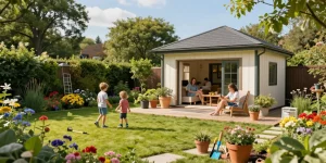 Wunderschönes Garten Haus umgeben von bunten Blumen und einer Familie, die auf der Terrasse entspannt. Ideal für Gartenliebhaber.
