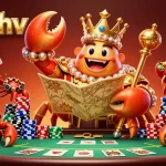Engage with f8bethv's vibrant casino scene featuring a golden crab emperor amidst poker and treasure.