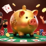 M88 casino scene featuring a golden piggy bank sumo wrestler, a wallet-ninja, and a credit-card samurai referee at a dynamic poker table.