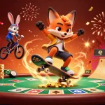 dabet showcases 3D skateboarder fox kicking over poker chips with vibrant casino elements.