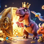 JL9 cartoon illustration of a T-Rex shuffling cards while a pterodactyl assists, with treasure effects.
