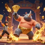 Zoccer casino freispiele illustrate a thrilling scene with a sumo champion beetle, flying coins, and dynamic casino elements.