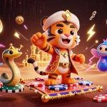 Engage with Link NBET for vibrant casino adventures featuring a tiger sultan on a magic carpet.