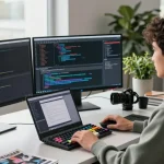 Developer coding on multiple screens in a modern office workspace, reflecting the innovative spirit of teiegramin.com.