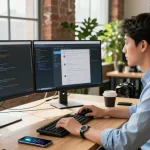 Developers collaborating at a tech workspace, featuring 纸飞机中文版官网 on screens.