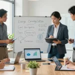 Team discussing how to switch business energy suppliers in a modern office, showcasing dynamic energy-saving strategies.
