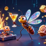Bắn cá vàng vipwin showcases a vibrant casino scene with a unique frozen mosquito mascot and a trilobite DJ.