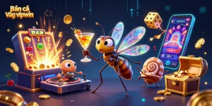 Bắn cá vàng vipwin showcases a vibrant casino scene with a unique frozen mosquito mascot and a trilobite DJ.