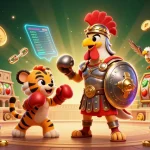 Experience the thrill of lode88 with a vibrant 3D scene featuring a gladiator rooster, crypto coins, and slot elements.