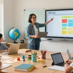 Teacher using EMStudio online teacher planner in vibrant classroom with engaged students, showcasing classroom management application.