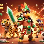 Engage with tỷ lệ kèo nhà cái in an energetic sports betting scene featuring an Aztec warrior and dynamic game elements.