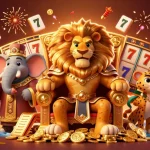 Engage in exciting gaming with Jai club, featuring a grand lion king, wise elephant, and agile cheetah in a vibrant casino setting.