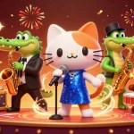 Experience the excitement of aus casino with a vibrant 3D illustration of a jazz singer cat, crocodile, and bear, celebrating wins.
