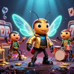 MPO500 showcases a vibrant casino scene with a rock star cicada, highlighting thrilling slots and jackpots.
