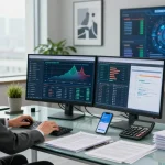 Financial crime intelligence data analysis in a modern office setting with advanced visualizations.