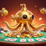 Engage with Sunwin's thrilling gameplay featuring golden kraken amidst poker action and gold coins