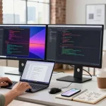 Developer at telegraimin.com workspace focused on coding in a modern office