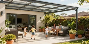 Terrassenüberdachungen in modernem Garten mit Familie und Spielzeug auf Terrasse.