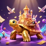 KWIN offers a vibrant casino experience with a golden tortoise, dealer rabbit, and flying coins.