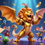 Experience thrilling SBOBET action with a roaring chimera and dynamic lottery elements in a captivating illustration.
